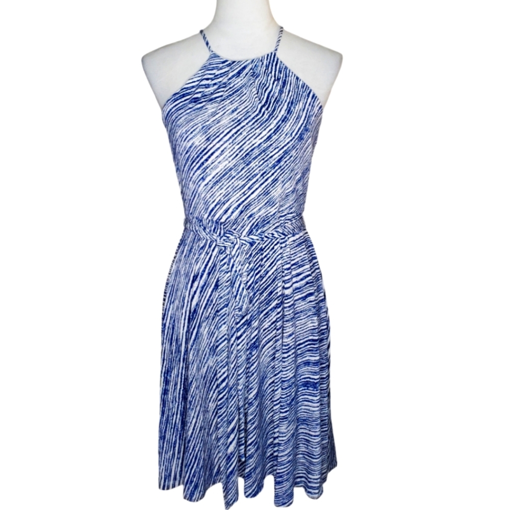 Ann Taylor Halter Style Navy Blue & White Midi Dress